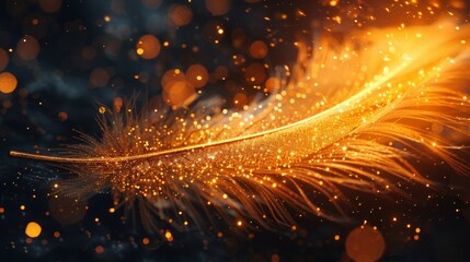 Fototapeta premium Magical close-up of a golden feather igniting, bathed in moonlight, sparkling on a dark background, creating captivating imagery for projects