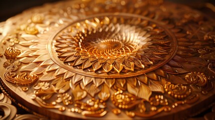 Intricately carved wooden shield, bathed in a radiant divine light, revealing the depth of its detailed design