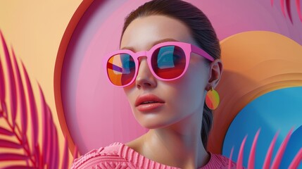 Stylish woman wearing vibrant pink sunglasses and earrings, posing in a colorful, tropical-themed setup with geometric backgrounds.