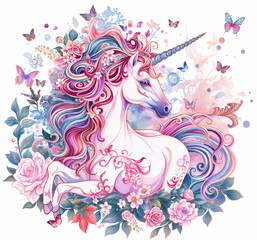 Illustration of a unicorn surrounded by flowers. The flowers are pink and purple, and there are butterflies flying around the unicorn
