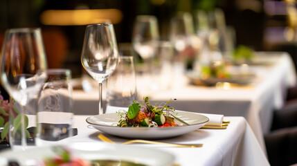 A scene of elegance unfolds with delicious entrees served on elegant porcelain amidst carefully set tables.

