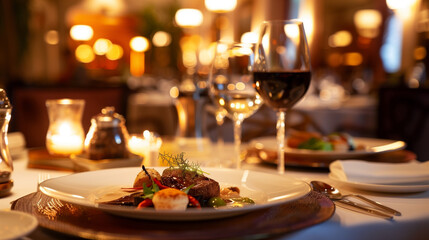 The luxurious setting of an upscale restaurant is highlighted by its beautifully presented dishes and meticulously arranged tables.

