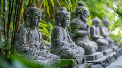 Fototapeta premium a tranquil scene depicting a series of intricate stone carvings of a hermit in various dynamic postures,