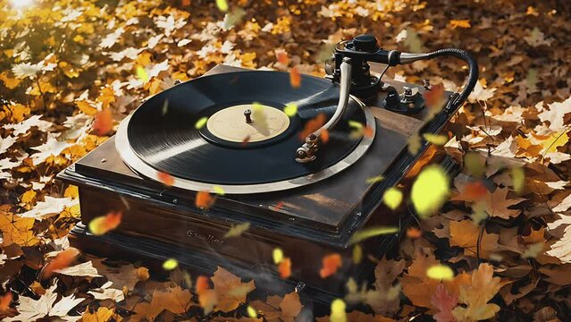 Antique gramophone surrounded by fallen leaves, capturing a nostalgic autumn scene