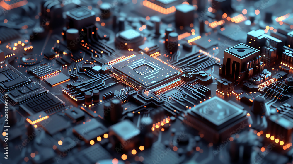 Poster close-up view of a glowing computer motherboard with intricate electronic components and circuits, s