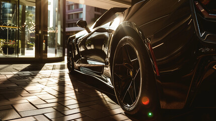 From a low viewpoint, a luxury sports car stands at the entrance of a luxurious hotel, sunlight glinting off its immaculate body.

