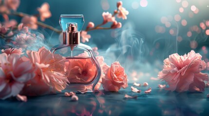 High-quality image of a perfume bottle emitting a floral scent, isolated background, studio lighting for a captivating advertisement