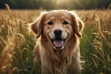 Obraz premium Golden retriever playing happily in a field