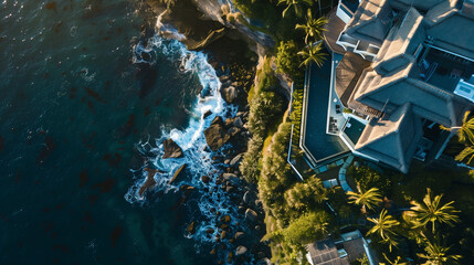 This dramatic aerial view highlights a cliffside luxury coastal villa with infinity pools and palm trees, overlooking the sparkling ocean below.
