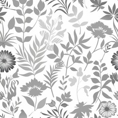 Seamless pattern of botanical silhouettes in shades of grey on a white background, Generative AI
