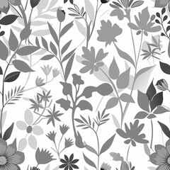 Seamless pattern of botanical silhouettes in shades of grey on a white background, Generative AI