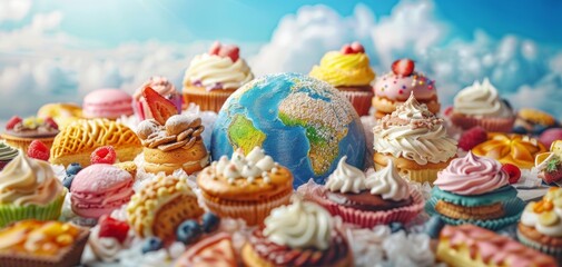 Fantasy depiction of a colorful Earth surrounded by various delicious pastries against a backdrop of fluffy clouds under a blue sky.