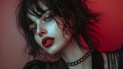 Fototapeta premium Portrait of a brunette Goth style inspired woman, fashion and make-up shoot. Gothic, Goth, Emo, New Wave, Dark style fashion. Dark smokey make-up, red lipstick. Dramatic. Elegant.