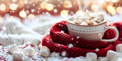 Naklejka premium Warm and Cozy Hot Chocolate Cup with Marshmallows on Red Scarf - HD Wallpaper and Background，Steaming cup of hot chocolate with marshmallows on red woolen scarf on snowy white blurred glowing backgrou