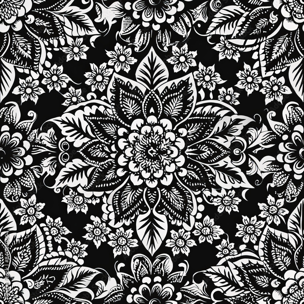 Wall mural Seamless pattern of intricate lace motifs in classic black and white, Generative AI - Wall murals