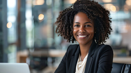 Professional woman with curly hair in a business setting, smiling confidently. Office background suggests a corporate environment.