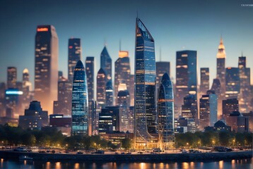 Obraz premium Cityscape at Dusk with Skyscrapers and Lights