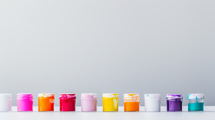 Assorted jars of vivid gouache paint set against a clean white background, inviting creative exploration and artistic expression.

