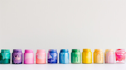Colorful gouache paint jars in diverse hues, neatly organized on a pristine white surface, offering a vibrant display for artistic inspiration.



