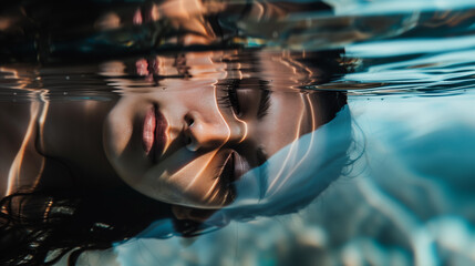 Fototapeta premium A stunning girl's face mirrored in calm water captures the essence of a skincare ad, emphasizing creams and serums for radiant skin.