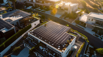 Fototapeta premium Sunlit solar panels seamlessly integrate into luxury waterfront villas, symbolizing both sustainability and sophisticated living.