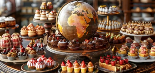 A variety of colorful and delicious pastries arranged around a globe, showcasing a diverse assortment of sweet delicacies from around the world.