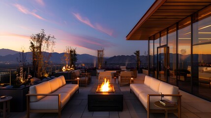 Cozy evenings on the brightly lit outdoor terrace  with sitting by the fire pit on terrace at night