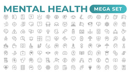 Mental health outline icon set. Containing depression, bipolar, PTSD, panic and mind disorder icons. Psychology solid symbol illustration.
