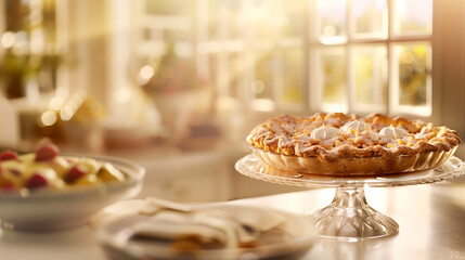 Naklejka premium Freshly baked pie with a golden crust on a light wooden table in a sunny room, showcasing its delicious texture and inviting aroma.