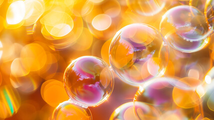 Multi-colored bubbles shimmer peacefully against a serene backdrop, creating an enchanting atmosphere. golden yellow background with bokeh effect
