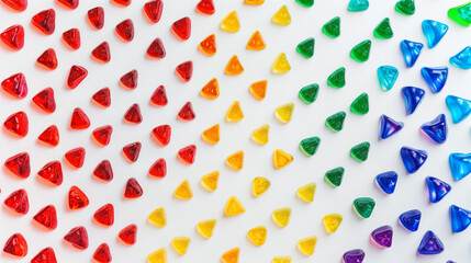 A delightful array of gummy candies in diverse colors, neatly arranged on a white surface, showcases their bright colors and translucent qualities.

