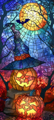 Stained Glass Halloween Night With Jack-O-Lantern and Witch Hat