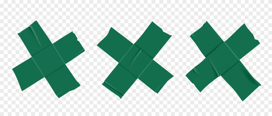 Vector set of 3D realistic green cross adhesive tape. Torn pieces of masking tape isolated on transparent background. PNG duct tape.