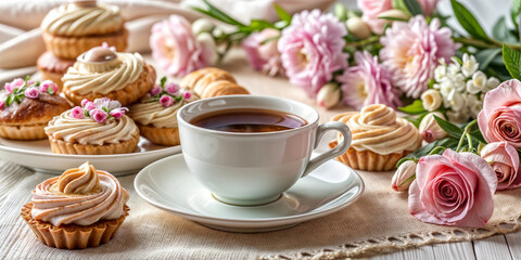Fototapeta premium cup, tea, flowers, peonies, on sheet music, paper