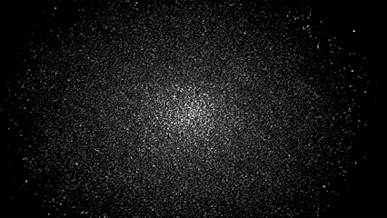 Distressed grainy white fine dust particles speckled gradient texture  on a black background