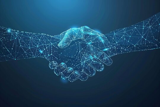 Digital handshake on blue technology background. Abstract two hands in lines, connected dots, and triangles. Polygonal grid 3D illustration. Business partnership concept. Low poly wireframe