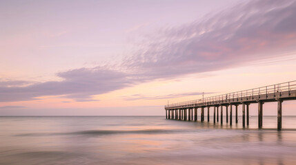 Obraz premium A wooden pier over calm waters, bathed in the hues of a setting sun, with the water reflecting the peaceful sky.