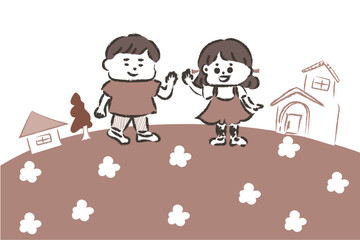 かわいい小学生の男の子と女の子と放課後に遊ぶイラスト