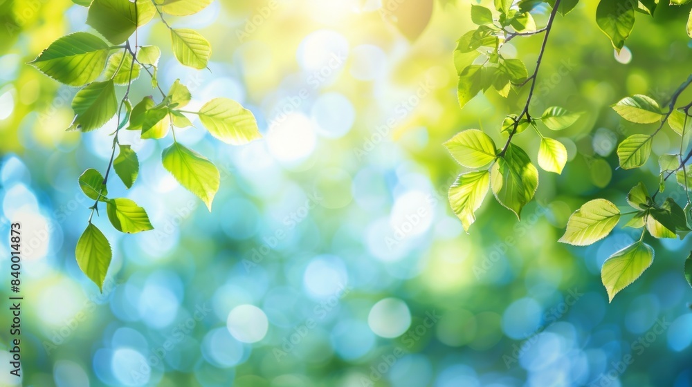 Wall mural Blurred bokeh background of fresh green spring, summer foliage of tree leaves with blue sky and sun flare