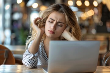 Blonde woman sitting table laptop eyes closed
