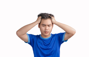 Young man touching his head and keeping eyes closed isolated on white background,  suffering from severe headache or migraine pain while working, crisis, problem, and mistake, Feeling stressed