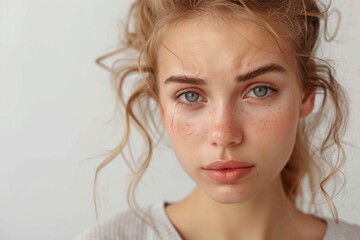 Naklejka premium Blonde woman staring at camera with blue eyes and freckled hair