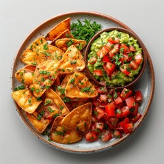 Photo of a chips and queso plate with white background