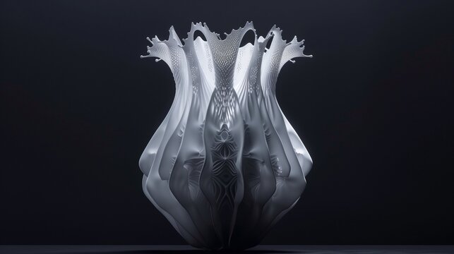 A hyper-realistic image of a 4D printed vase designed with time-responsive materials that shift shape in response to temperature changes.
