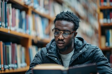 Man reading book in library