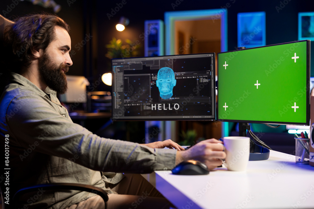 Poster programmer being greeted by awaken ai gaining consciousness on chroma key computer monitor. man comm