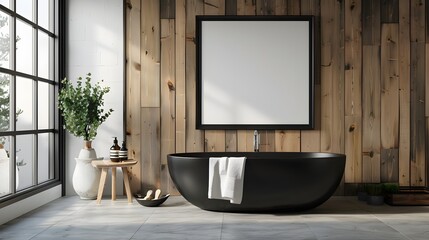 Modern bathroom with black freestanding bathtub contrasting with wooden walls