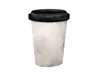 Paper coffee cup with black lid, minimalistic design, isolated on white background