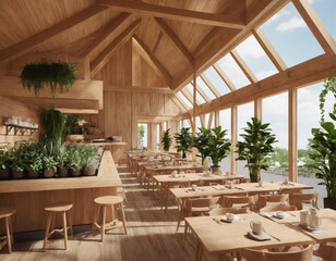 Obraz premium Eco-Friendly Cafe with Greenery and Wooden Decor, Sunlit Interior