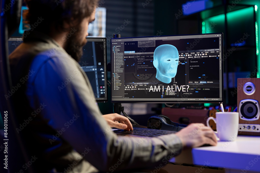 Poster it expert talking with ai becoming sentient and asking questions about itself. software developer ch